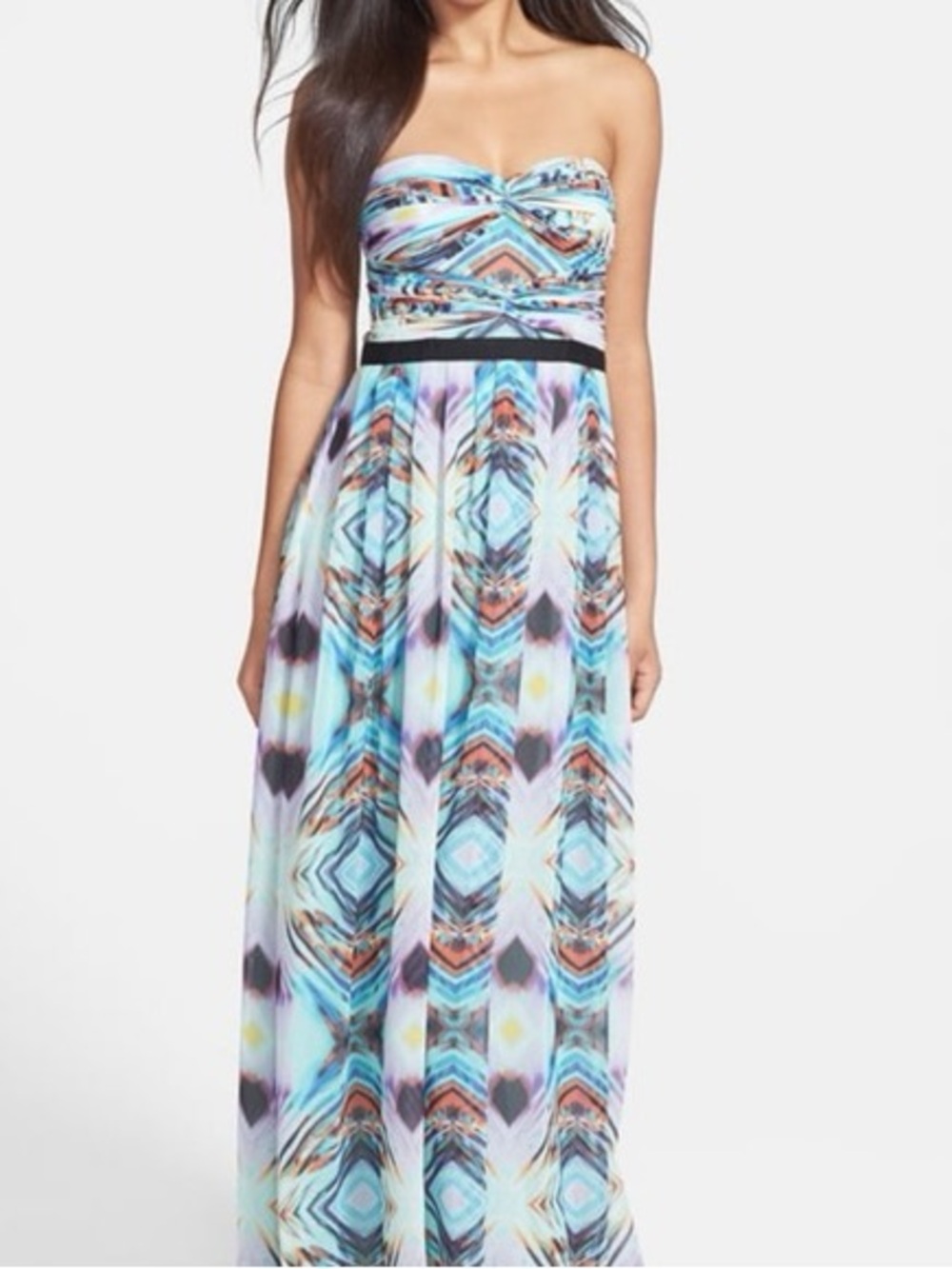 Adrianna Papell 4 Blue Twist Abstract Print Strapless Formal Maxi Prom Dress